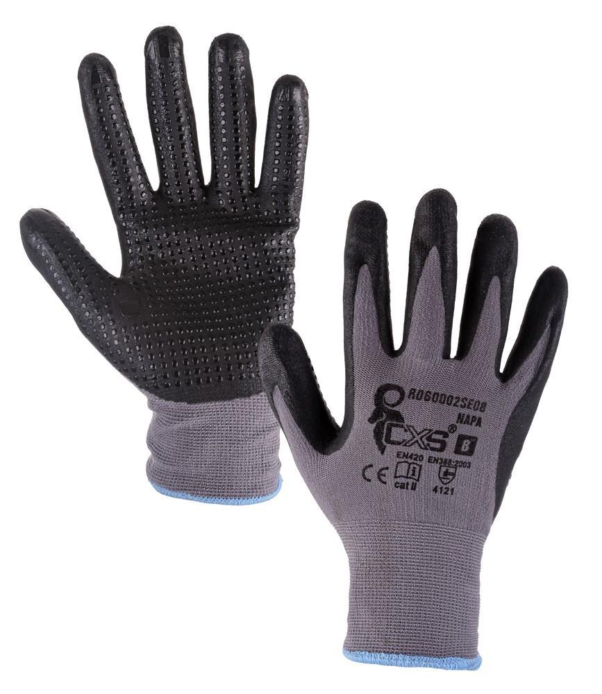 CXS rukavice NAPA, máčené v nitrilové pěně, PU terčíky, šedo-černé vel. 7