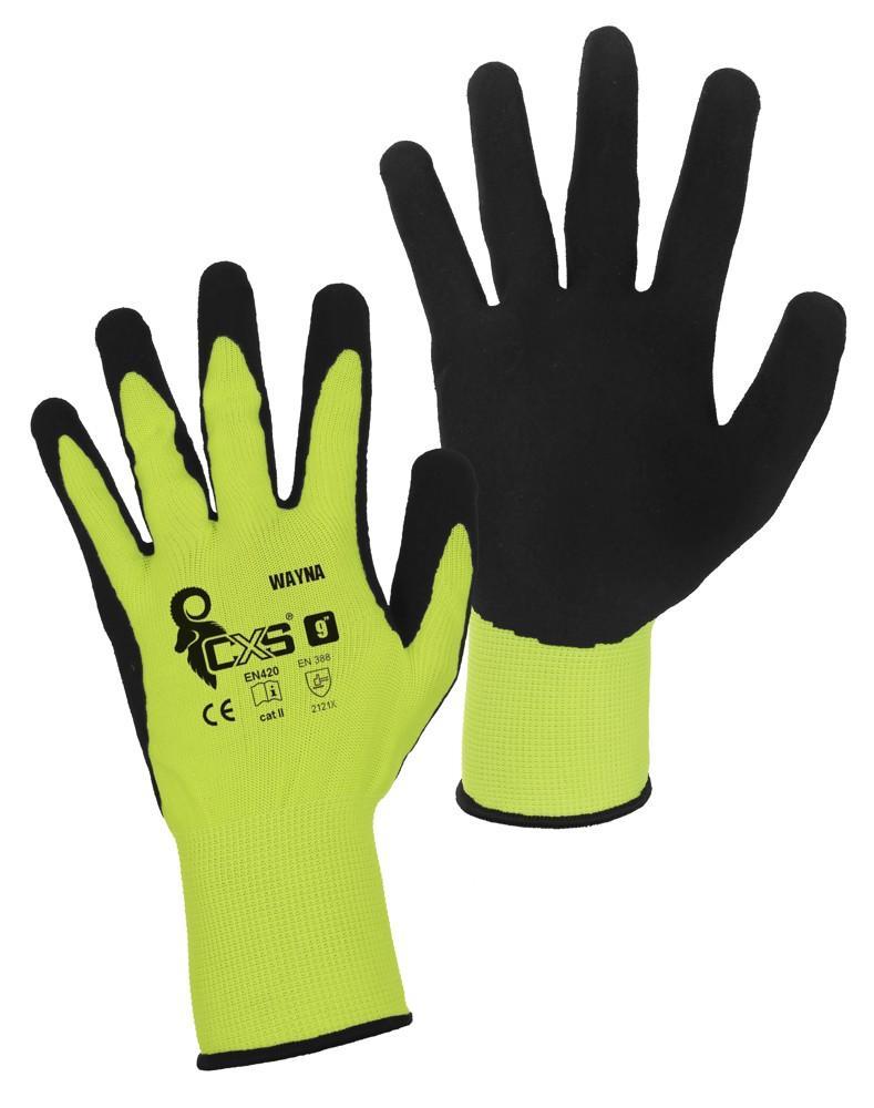 CXS rukavice WAYNA, úpletové, máčené v latexu, černo-žluté 