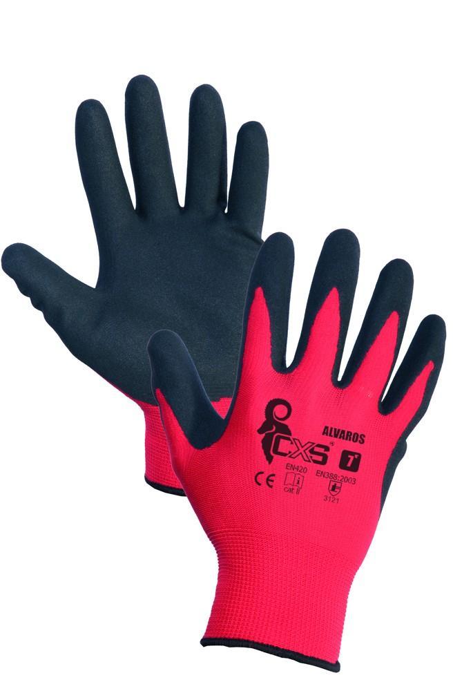 CXS rukavice ALVAROS, máčené v nitrilu, pískované, červeno-černé 